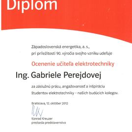 Ocenená učiteľka elektrotechniky - Perejdova diplom