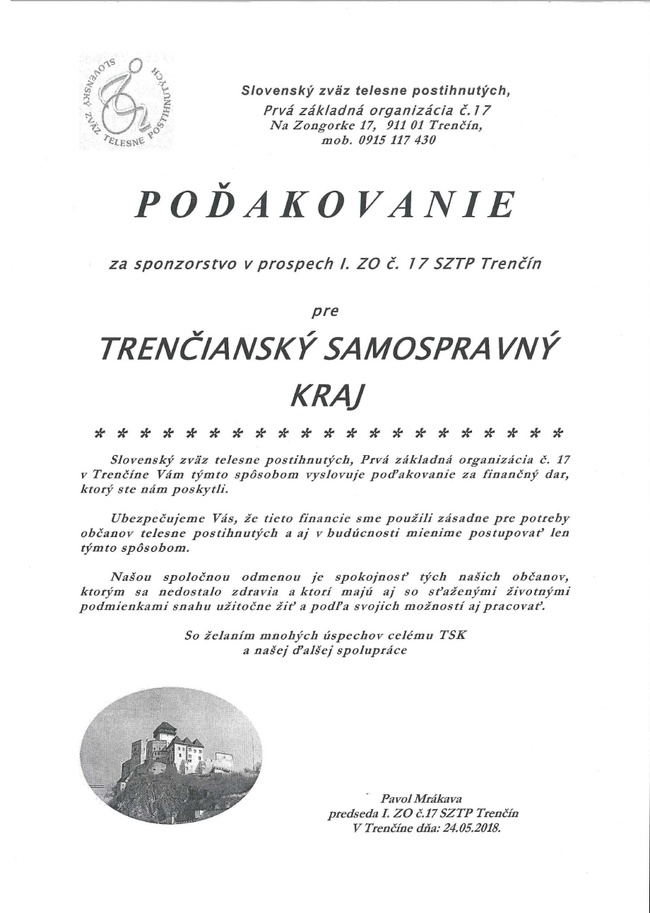 Poďakovanie od Slovenského zväzu telesne postihnutých Poďakovanie od Slovenského zväzu telesne postihnutých