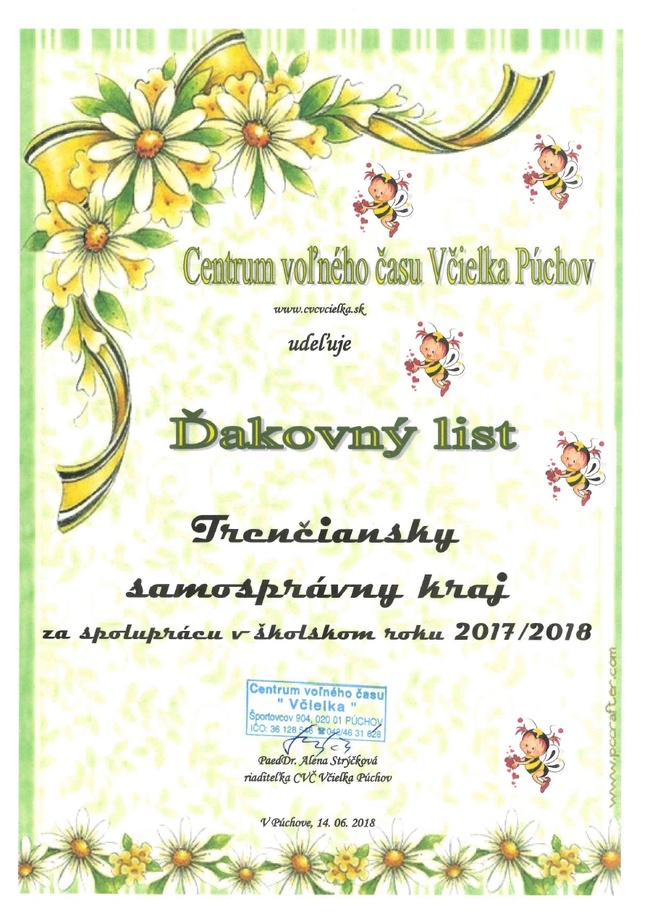 Poďakovanie od Centra voľného času Včielka Púchov Poďakovanie od Centra voľného času Včielka Púchov