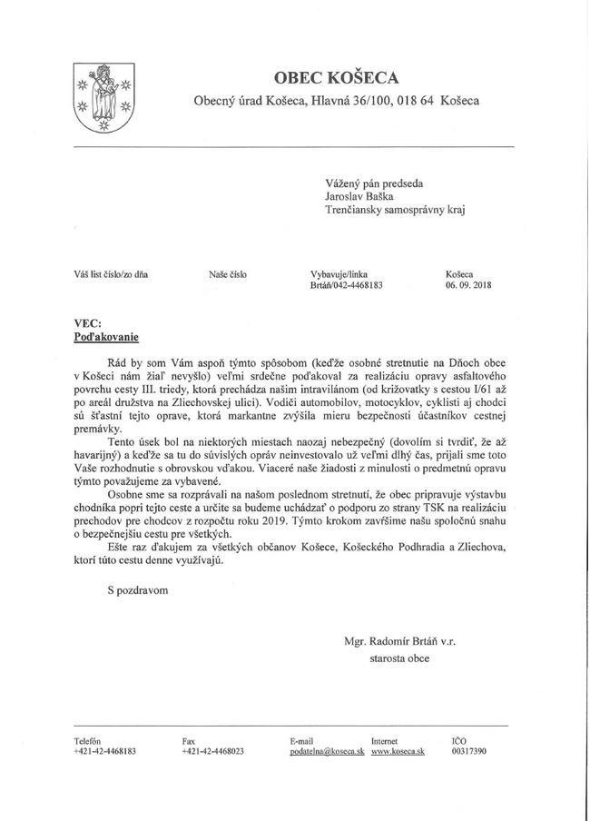 Poďakovanie od obce Košeca Poďakovanie od obce Košeca