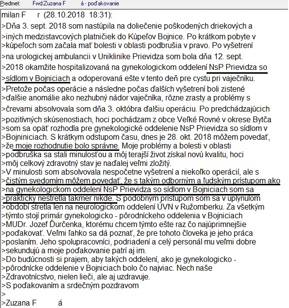 Poďakovanie od spokojnej pacientky NsP Prievidza so sídlom v Bojniciach Poďakovanie od spokojnej pacientky NsP Prievidza so sídlom v Bojniciach