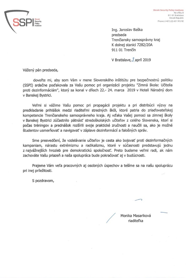 Poďakovanie od Slovenského inštitútu pre bezpečnostnú politiku Poďakovanie od Slovenského inštitútu pre bezpečnostnú politiku
