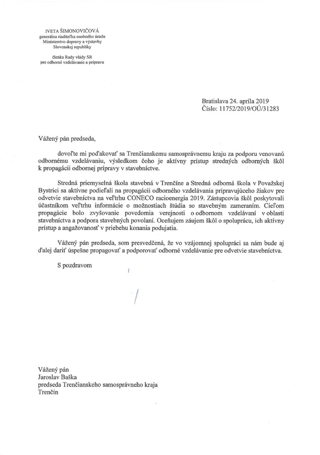 Poďakovanie od osobného úradu Ministerstva dopravy a výstavby SR Poďakovanie od osobného úradu Ministerstva dopravy a výstavby SR
