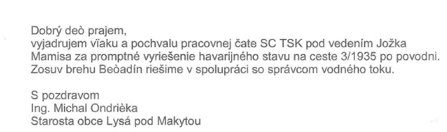 Poďakovanie od starostu obce Lysá pod Makytou Poďakovanie od starostu obce Lysá pod Makytou