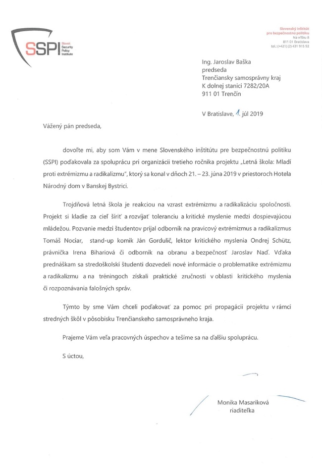 Poďakovanie od Slovenského inštitútu pre bezpečnostnú politiku Poďakovanie od Slovenského inštitútu pre bezpečnostnú politiku