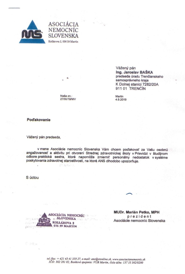 Poďakovanie od Asociácie nemocníc Slovenska Poďakovanie od Asociácie nemocníc Slovenska