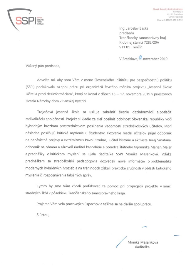 Poďakovanie od Slovenského inštitútu pre bezpečnostnú politiku Poďakovanie od Slovenského inštitútu pre bezpečnostnú politiku