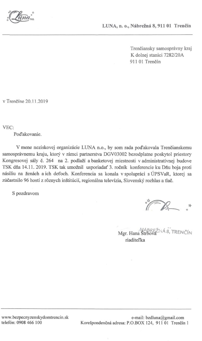 Poďakovanie od neziskovej organizácie LUNA Poďakovanie od neziskovej organizácie LUNA