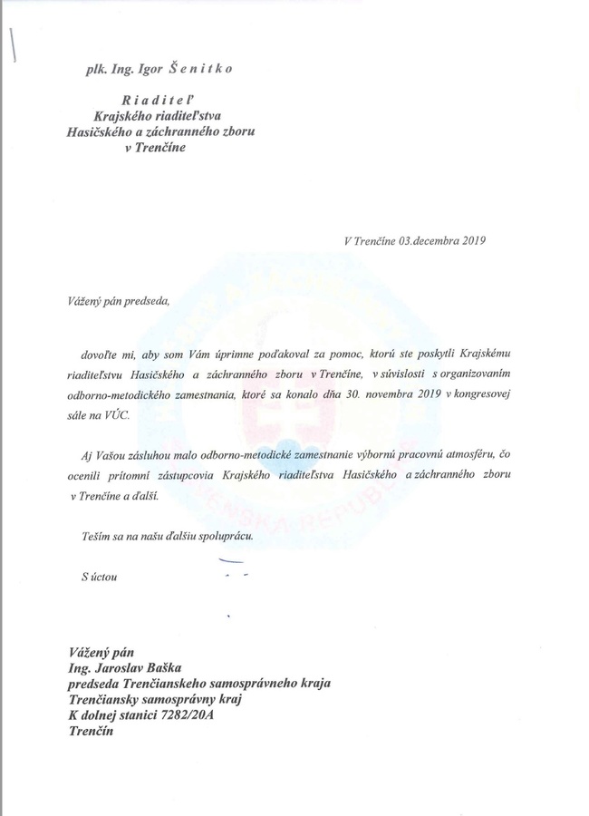 Poďakovanie od Krajského riaditeľstva Hasičského zboru v Trenčíne Poďakovanie od Krajského riaditeľstva Hasičského zboru v Trenčíne