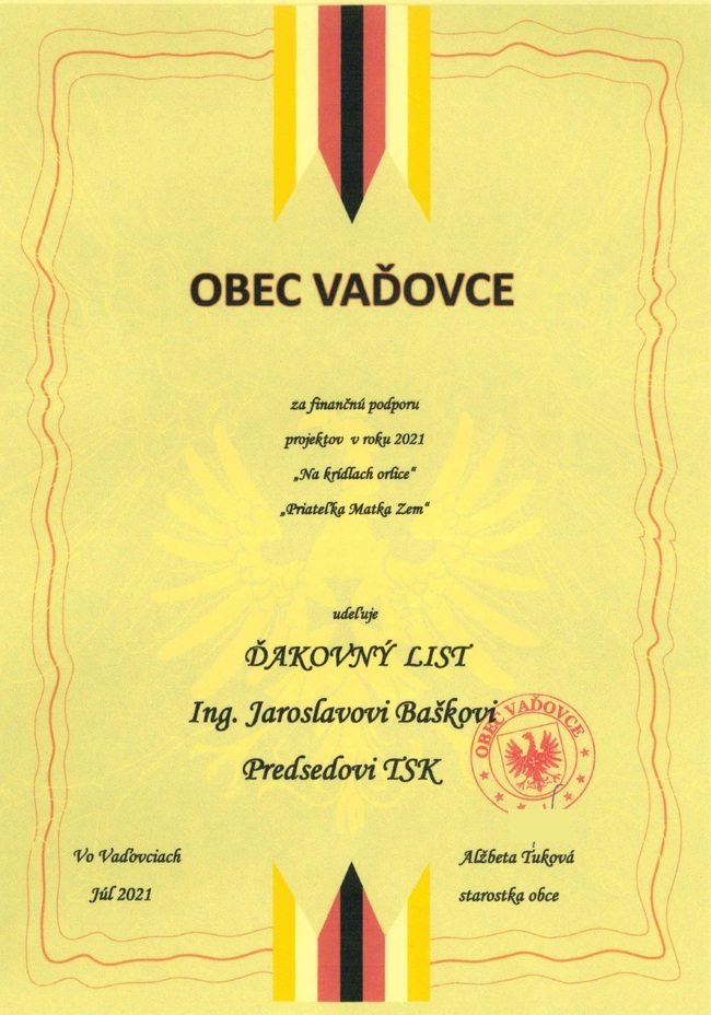 Poďakovanie od obce Vaďovce Poďakovanie od obce Vaďovce