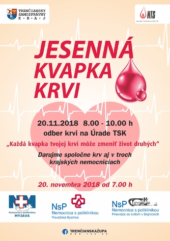 Rád by si prispel k záchrane ľudského života? Pridaj sa k nám a daruj krv počas Jesennej kvapky krvi Trenčianskej župy! Rád by si prispel k záchrane ľudského života? Pridaj sa k nám a daruj krv počas Jesennej kvapky krvi Trenčianskej župy!