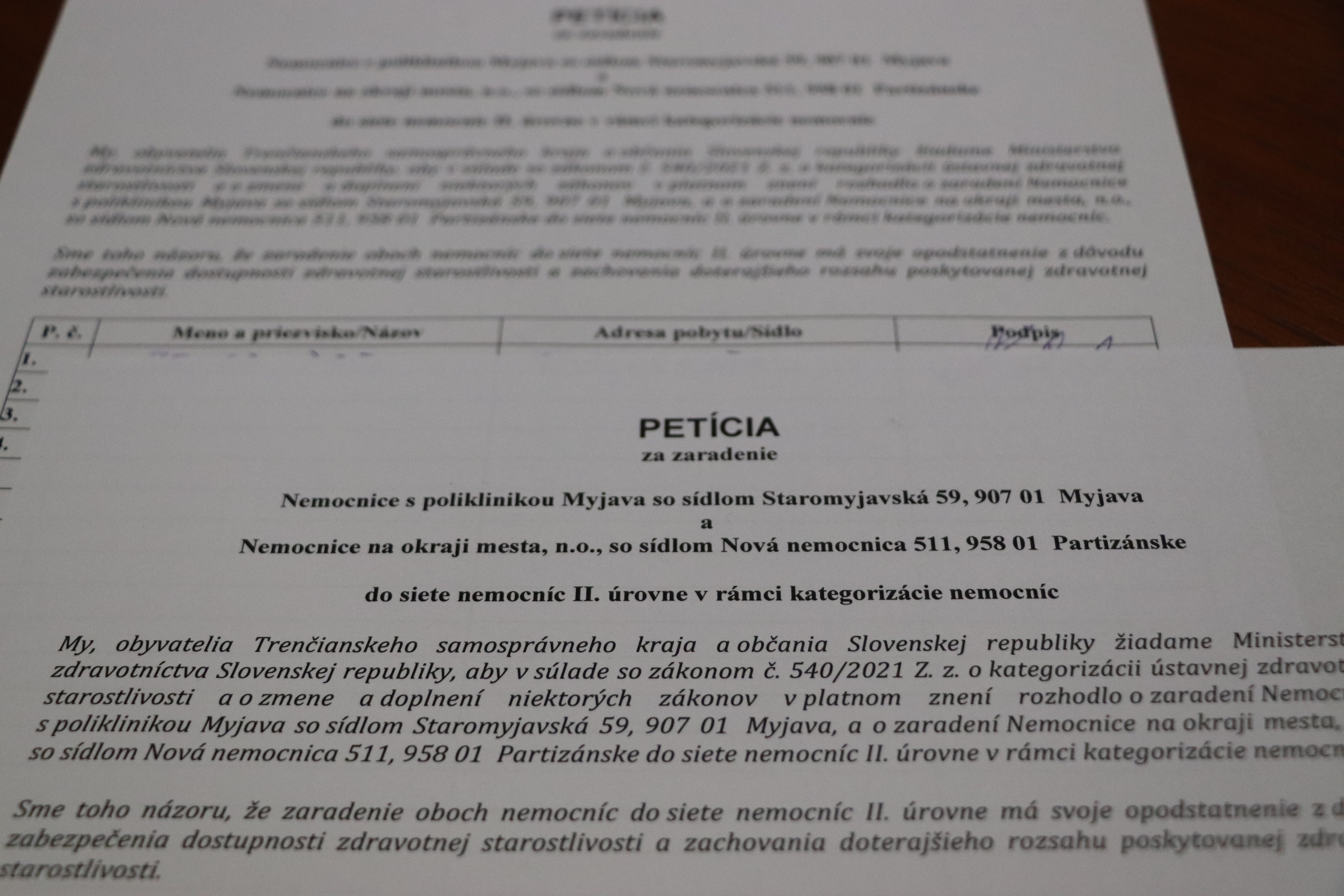 petícia proti novej kategorizácii nemocníc v Trenčianskom kraji