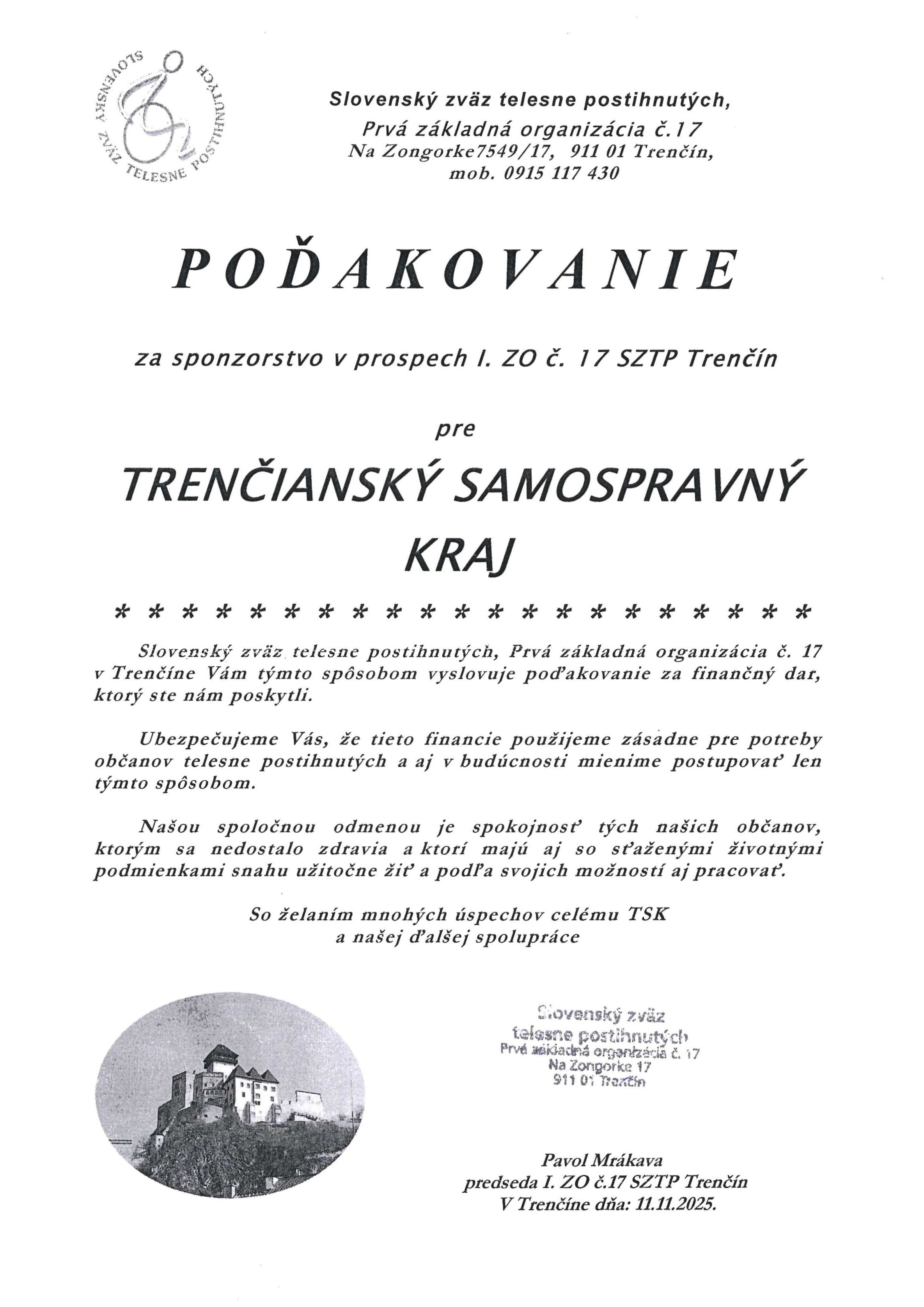 Poďakovanie od SZTP