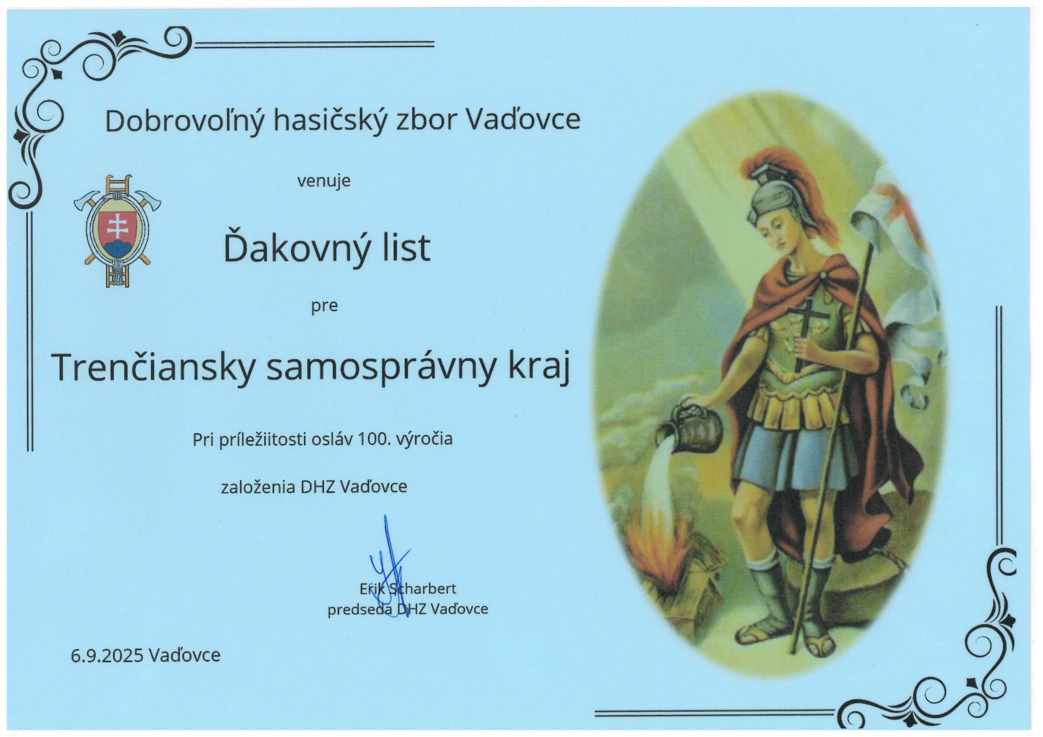 Ďakovný list od DHZ Vaďovce