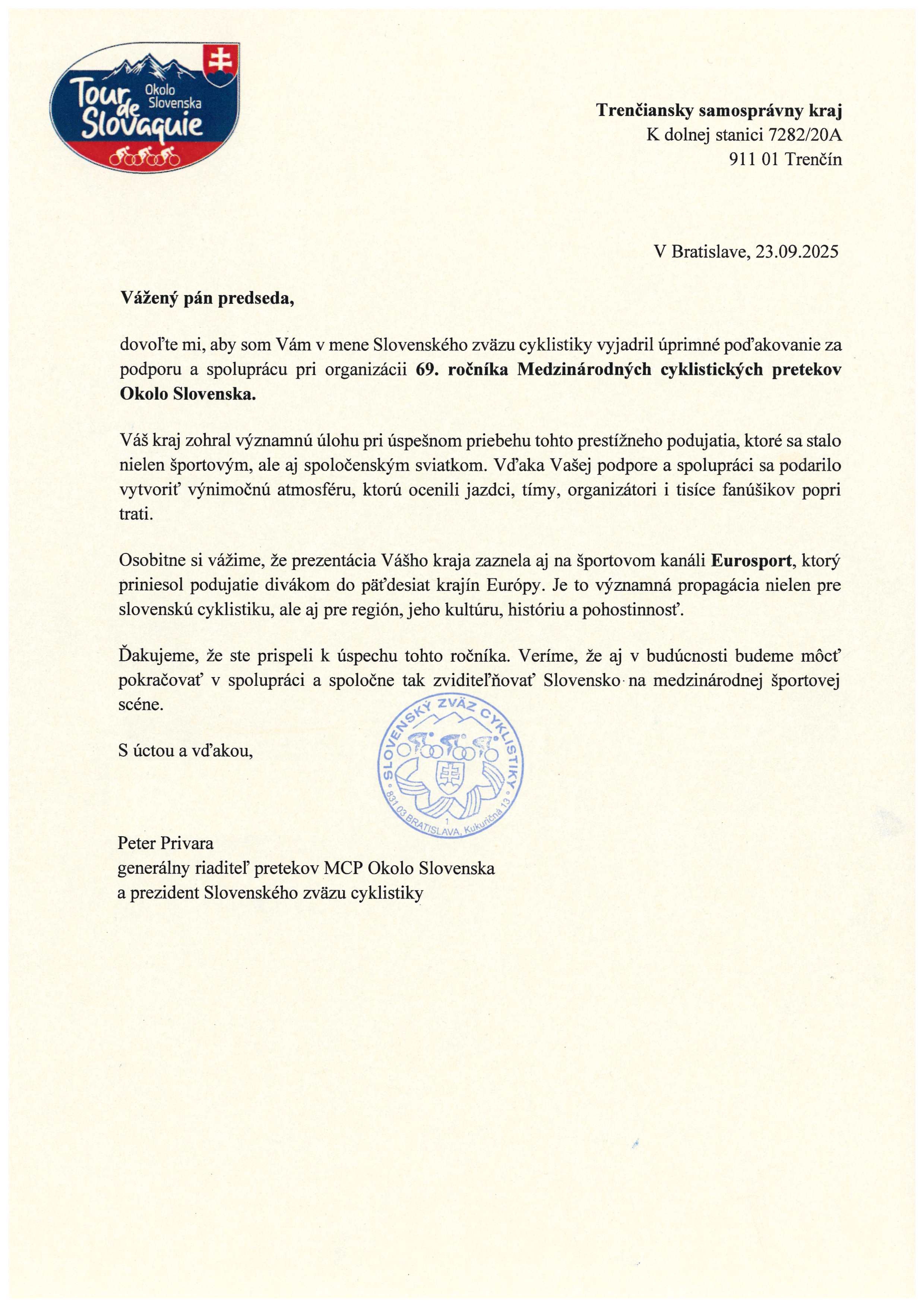 Ďakovný list od Slovenského zväzu cyklistiky