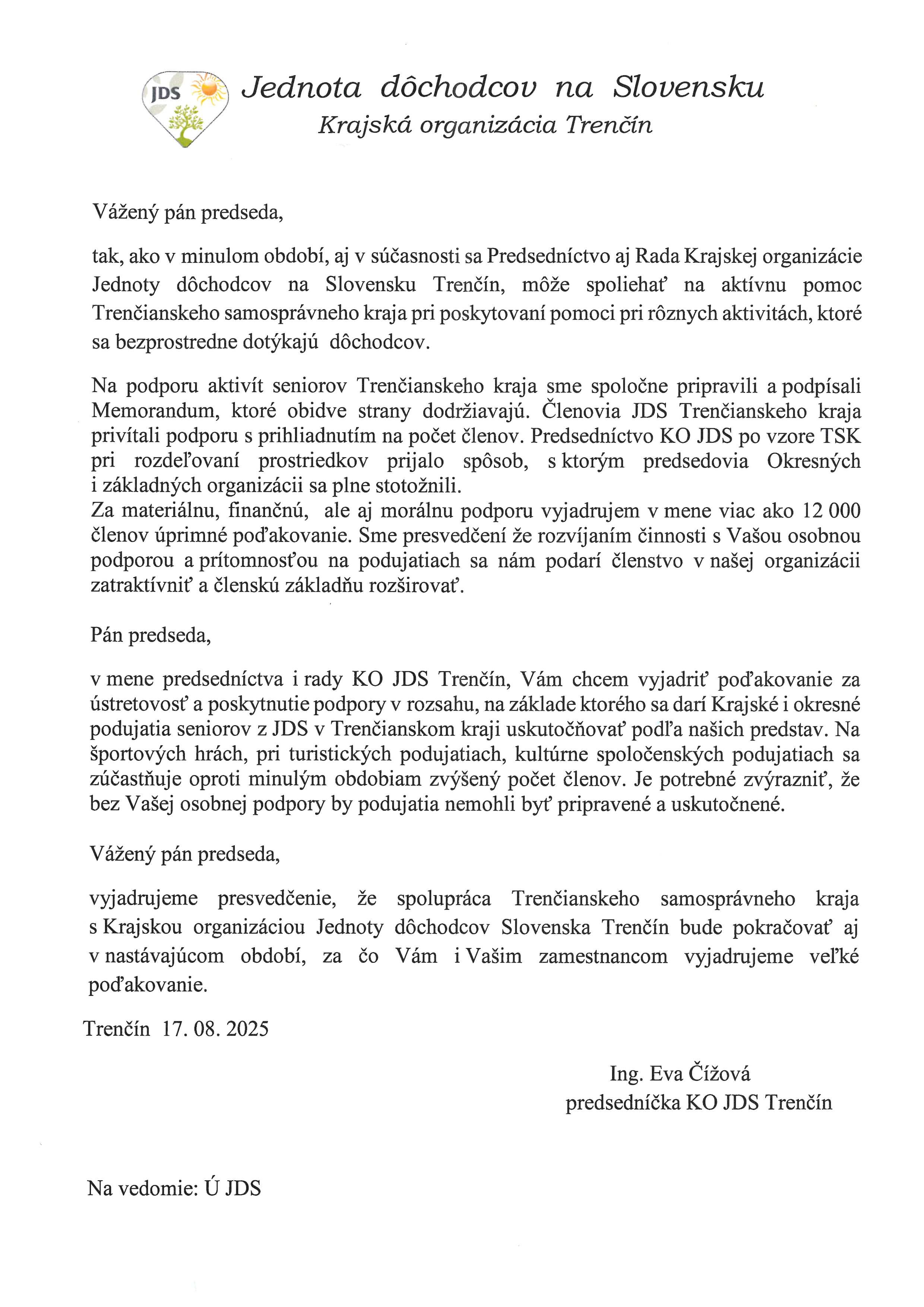 Poďakovanie od KO JDS Trenčín