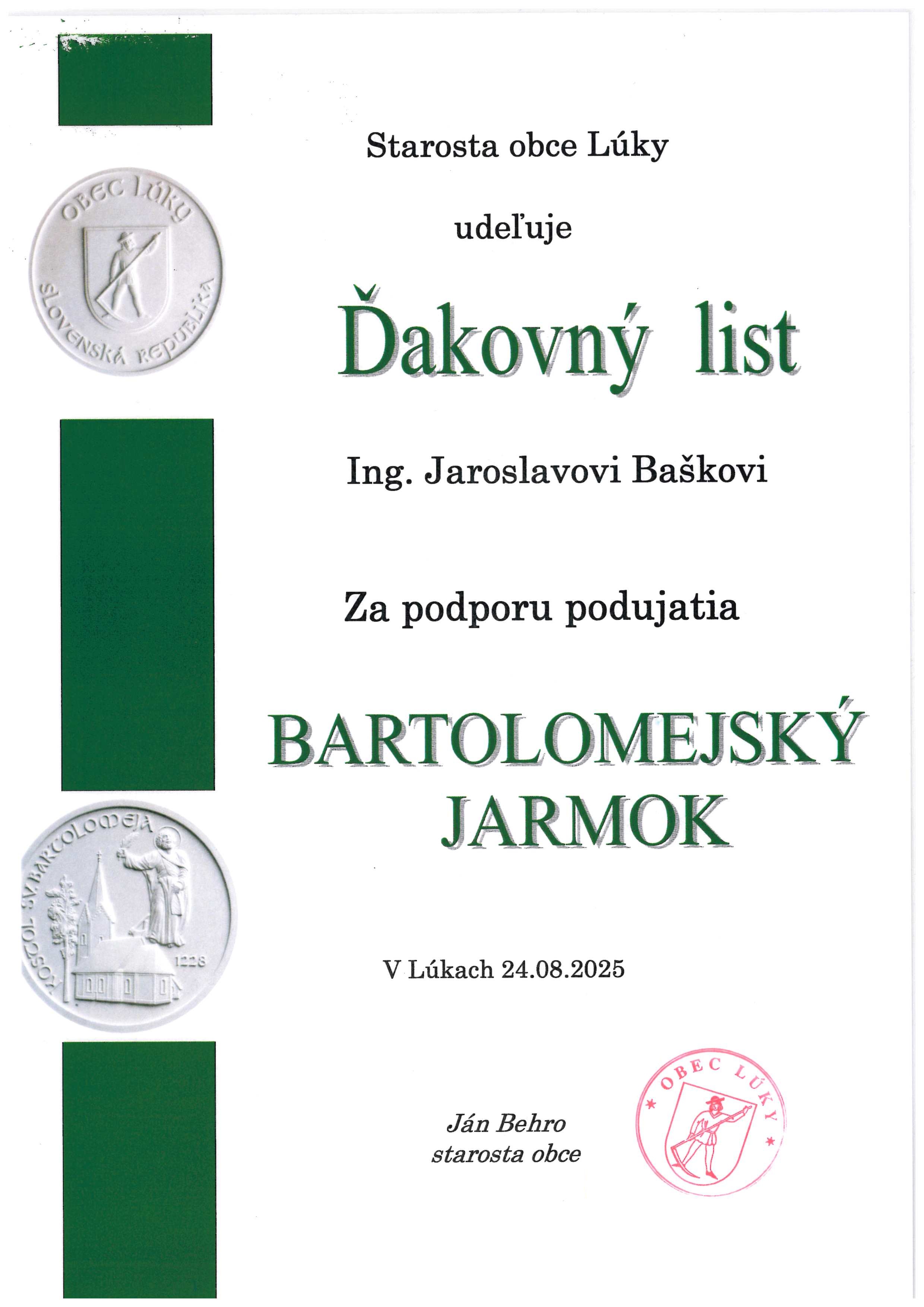 Poďakovanie pre predsedu TSK