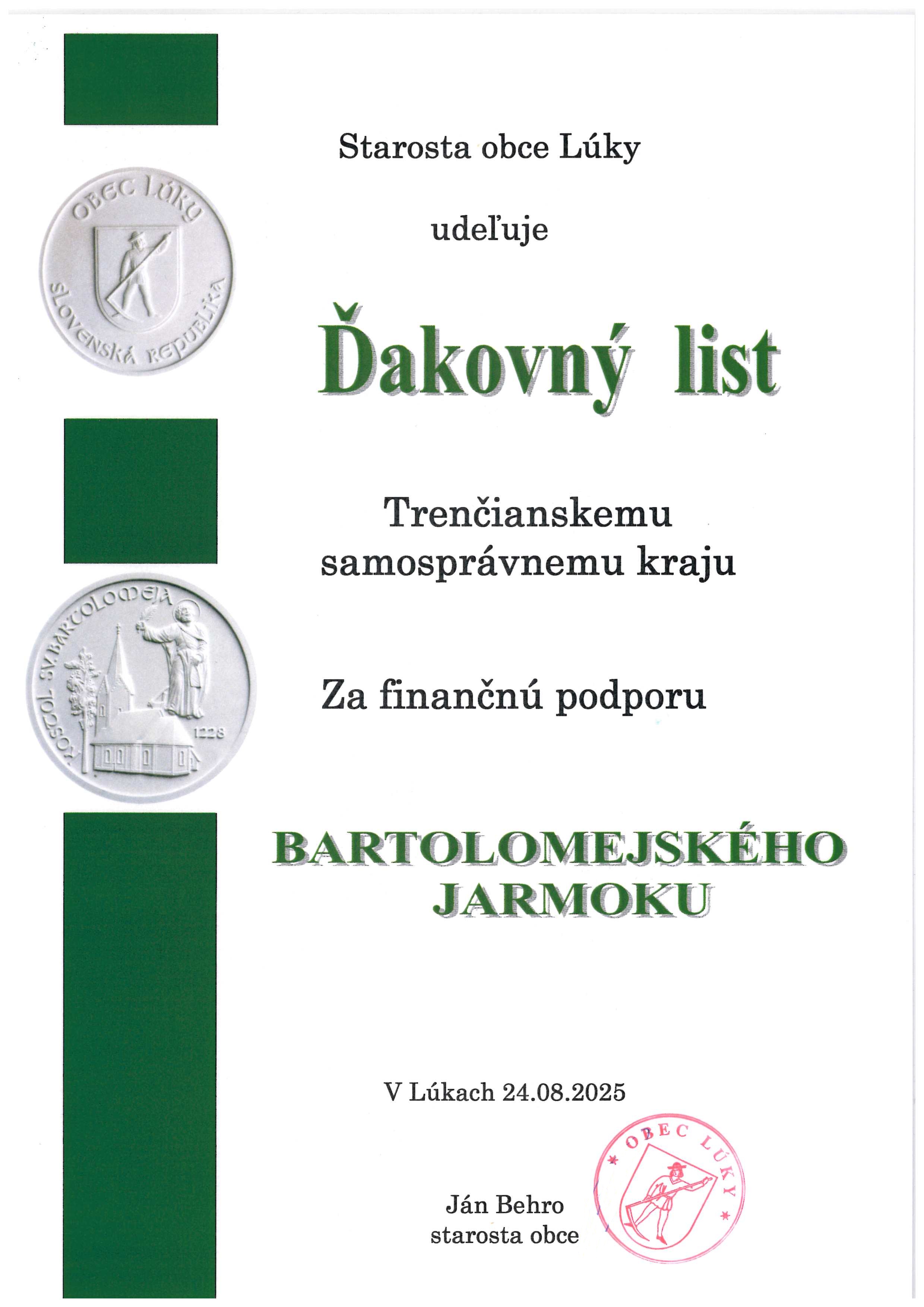 Poďakovanie pre TSK