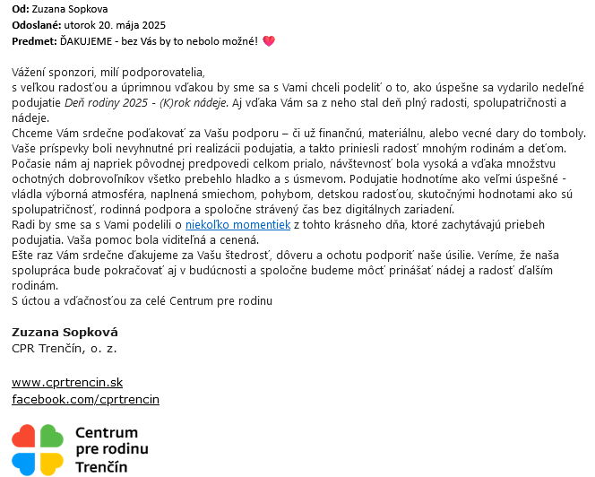 Poďakovanie od Centra pre rodinu Trenčín