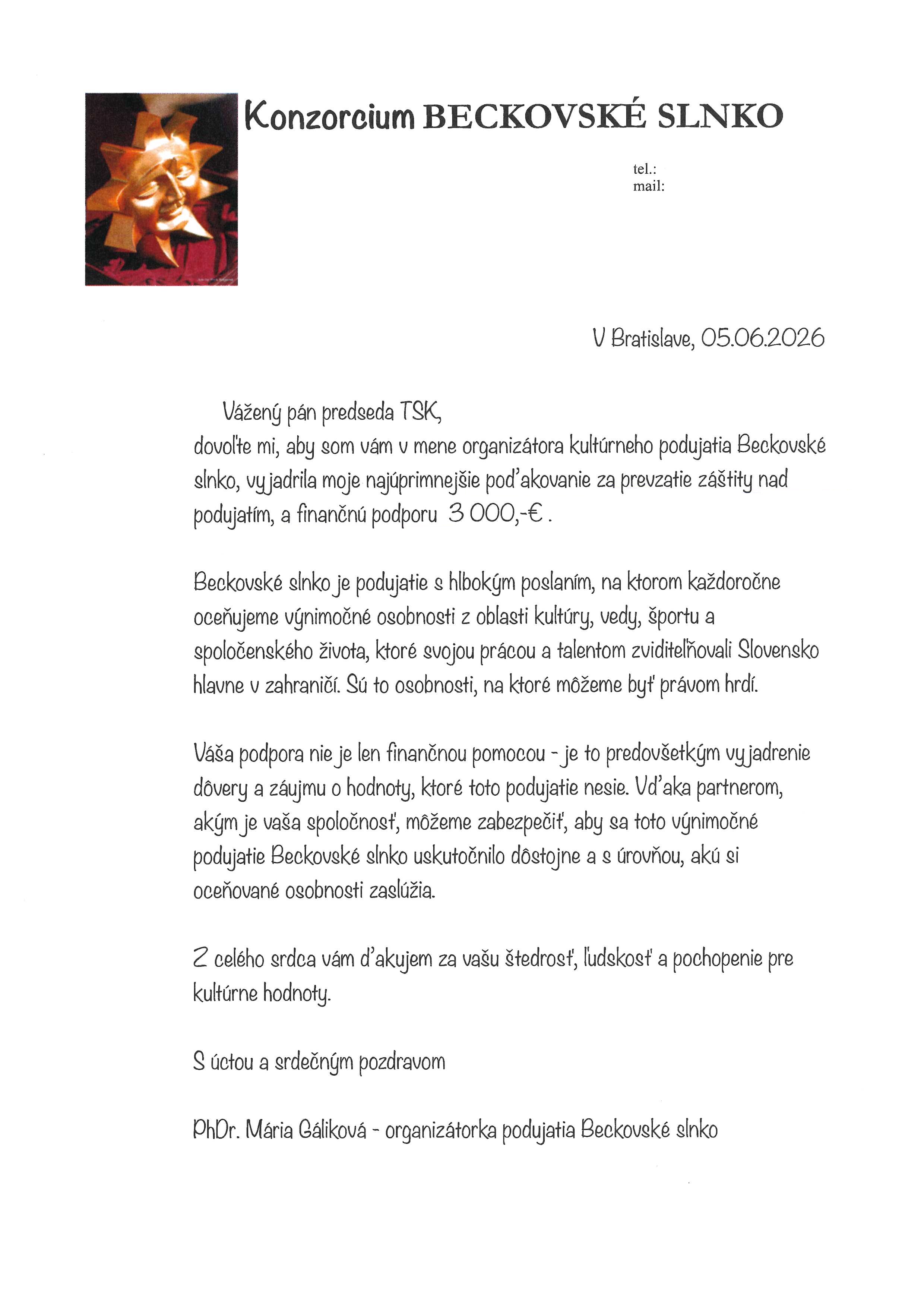 Poďakovanie za podporu podujatia Beckovské slnko